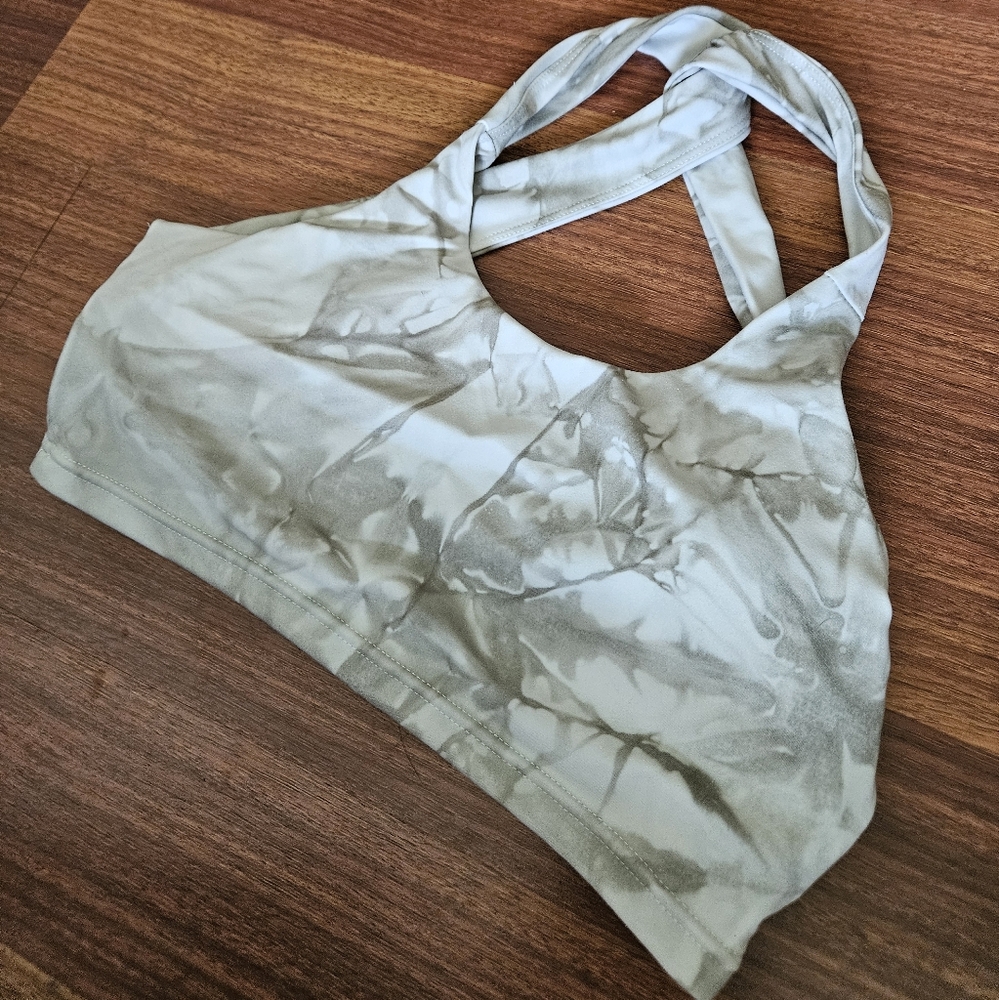 SAVVI Reef Sports Bra Tie-dye Criss-cross Open Back Medium Taupe & White EUC